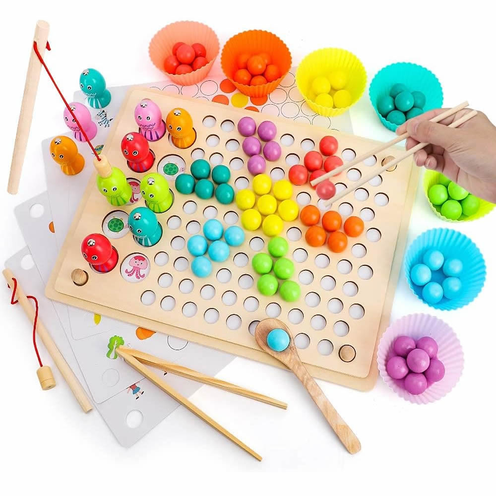 3-in-1 Fishing Memory Game with Beads Sorting Game 釣魚記憶分類夾珠子三合一桌上遊戲