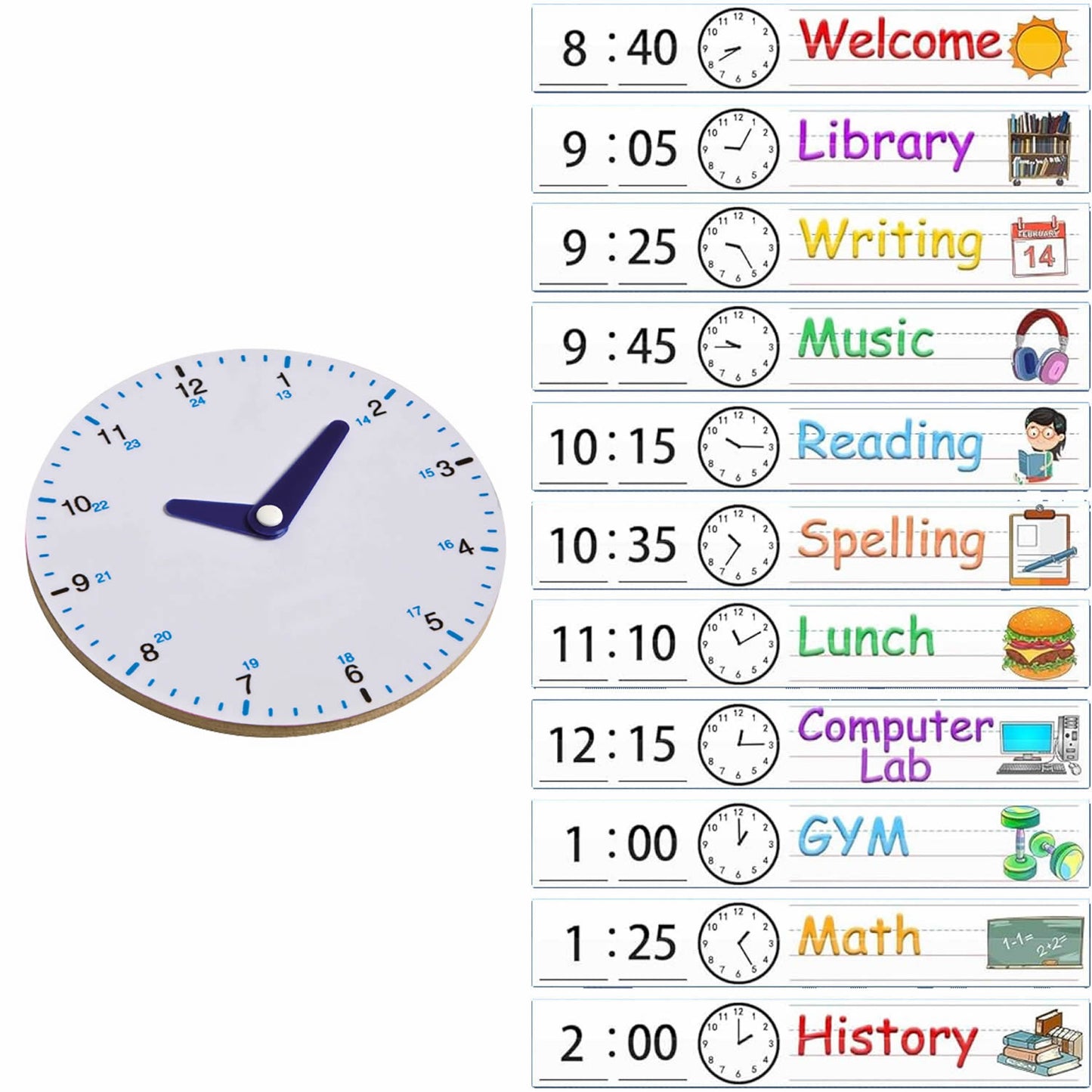 Educo Student Clock Wood 24 Hours Analogue with 12 Pcs. Dry-Esae Activity Card 24小時制木質模擬時鐘含12張擦寫活動咭