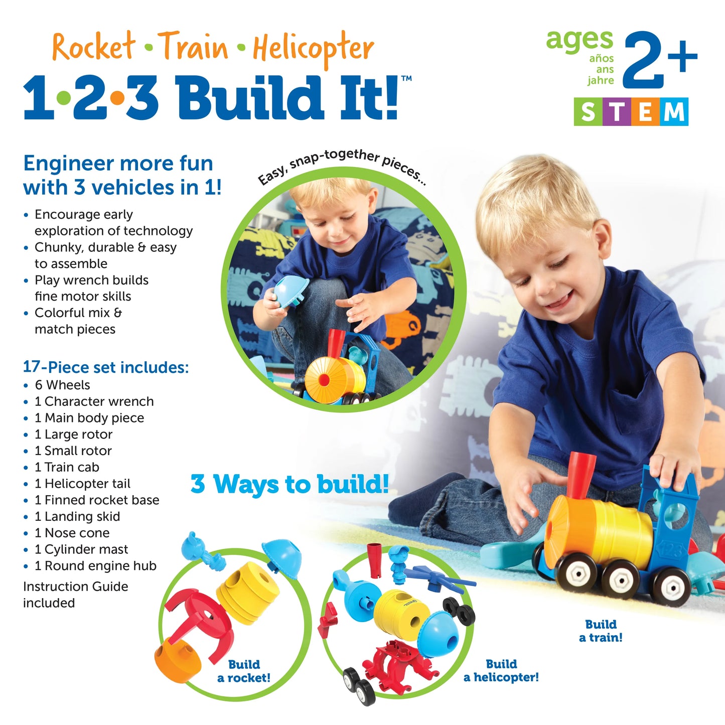 Learning Resources 1-2-3 Build It! Rocket-Train-Helicopter