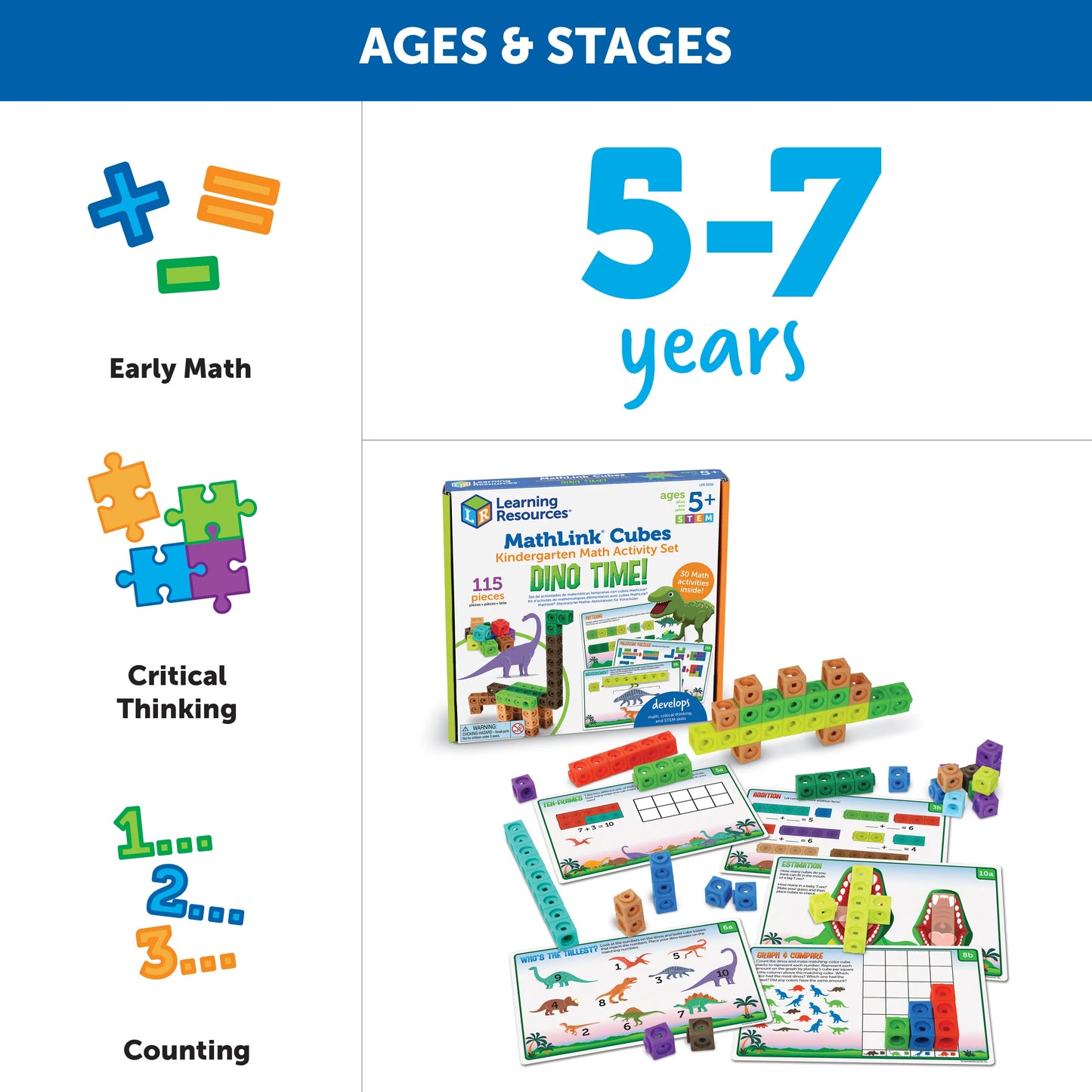 Learning Resources MathLink Cubes Kindergarten Math Activity Set Dino Time!